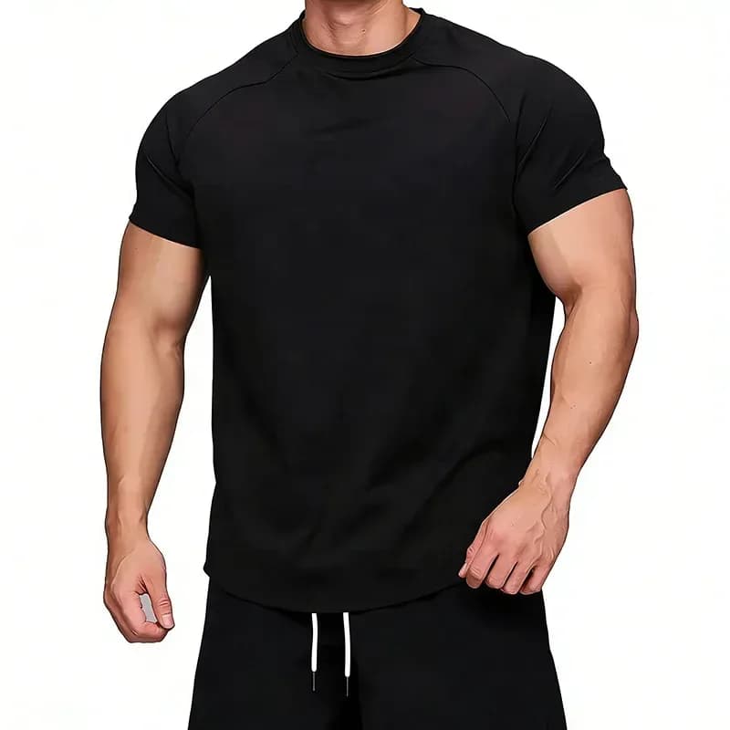 black athletic fit gym t-shirt, front view on a model