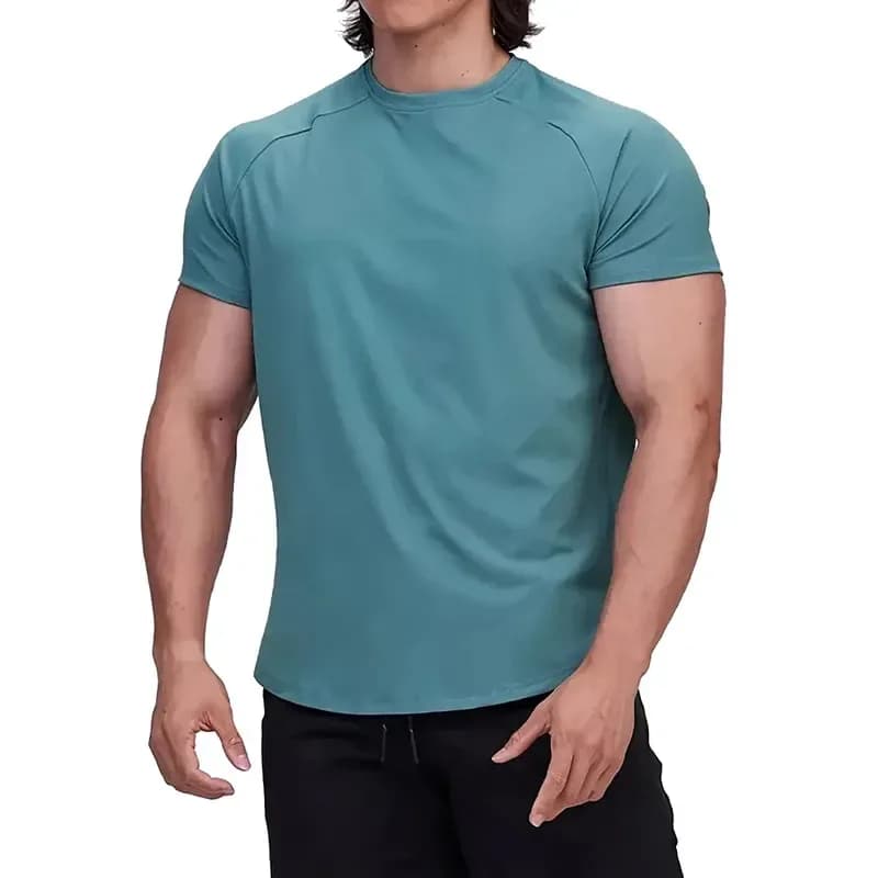 man wearing a teal green athletic fit gym t-shirt