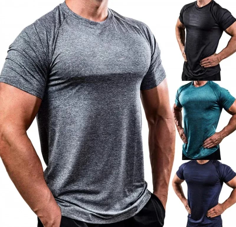 grey heathered slim fit gym t-shirt with other colors shown beside it