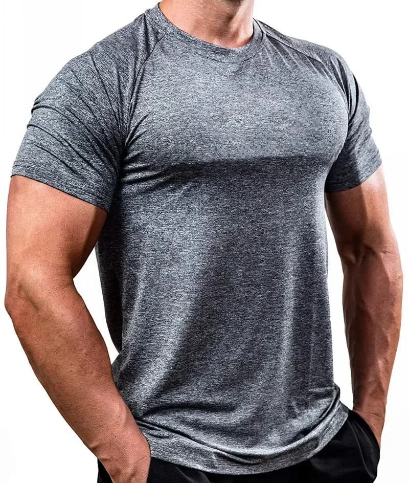 man wearing a grey heathered slim fit gym t-shirt