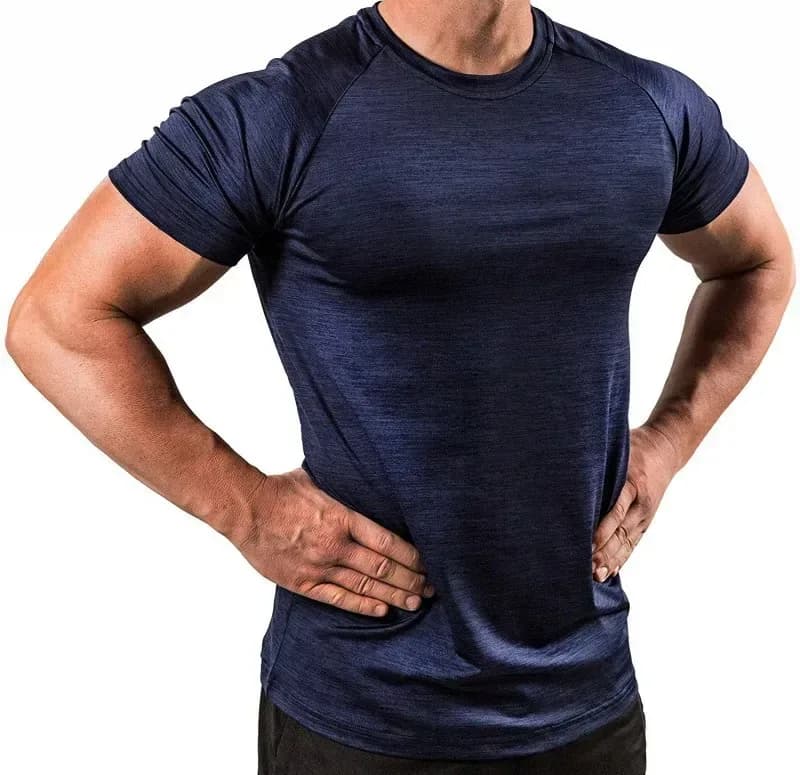 man wearing a navy heathered slim fit gym t-shirt