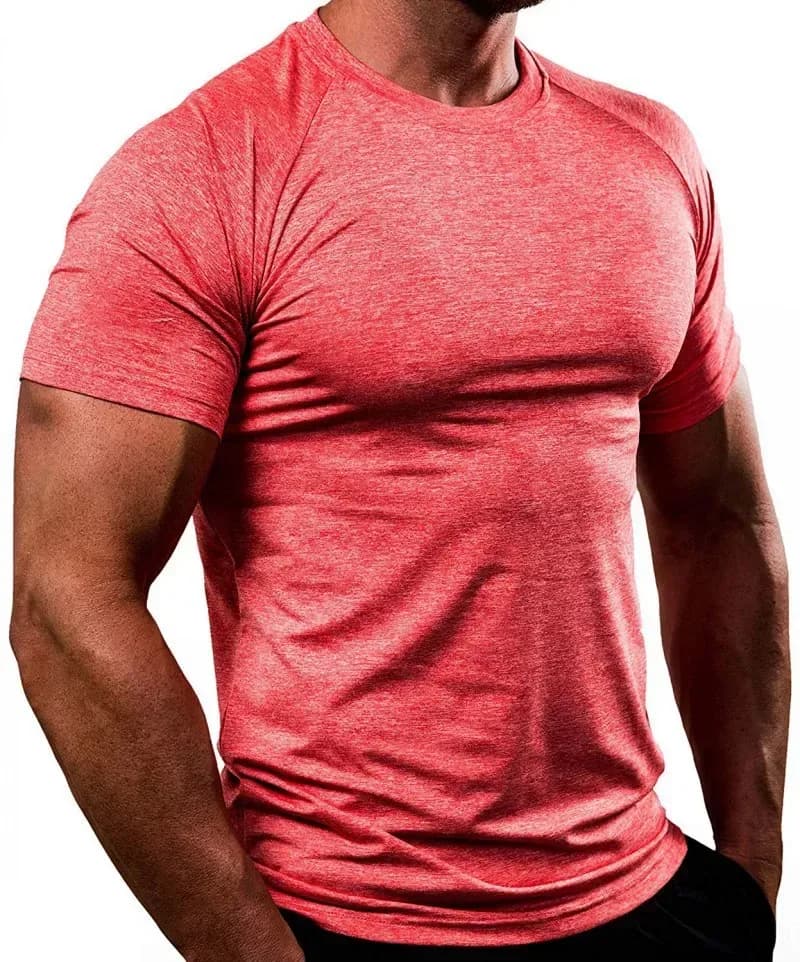 red heathered slim fit gym t-shirt on a model