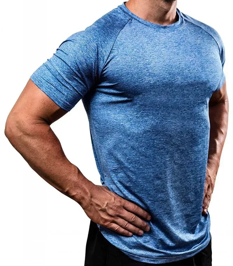 man wearing a royal blue heathered slim fit gym t-shirt