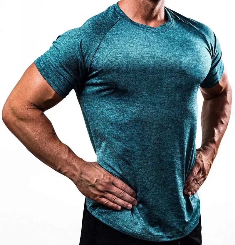 man wearing a teal heathered slim fit gym t-shirt