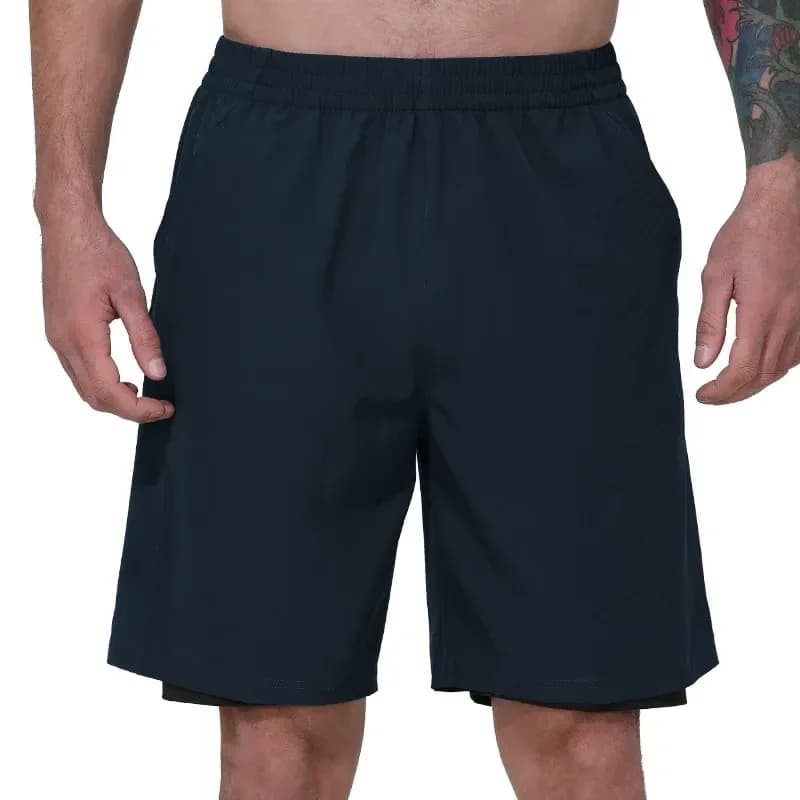 man wearing navy 2 in 1 gym shorts