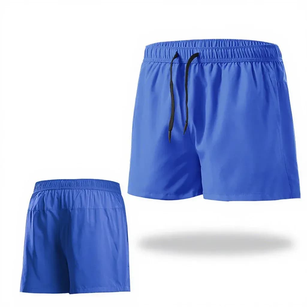 blue quick dry running shorts, front and back view