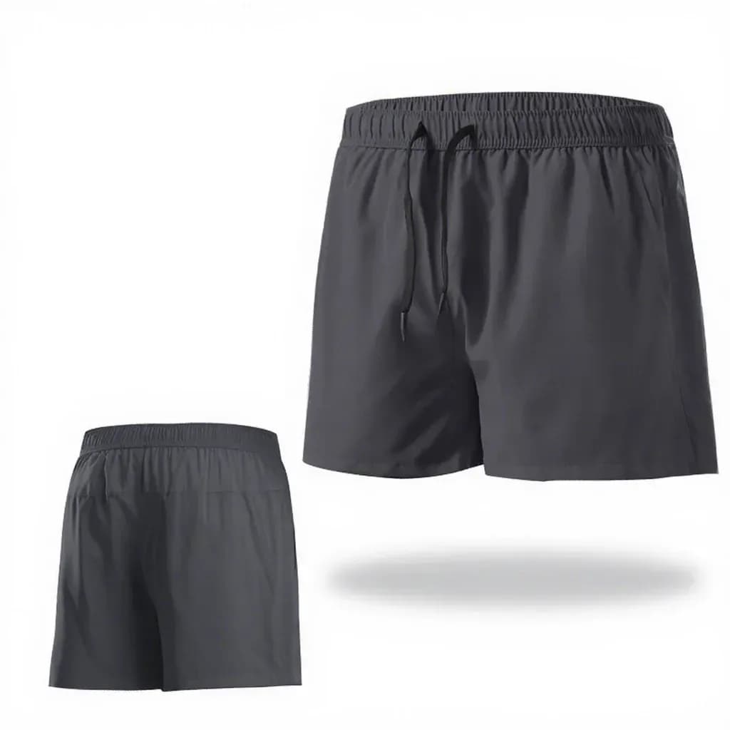 grey quick dry running shorts, front and back view