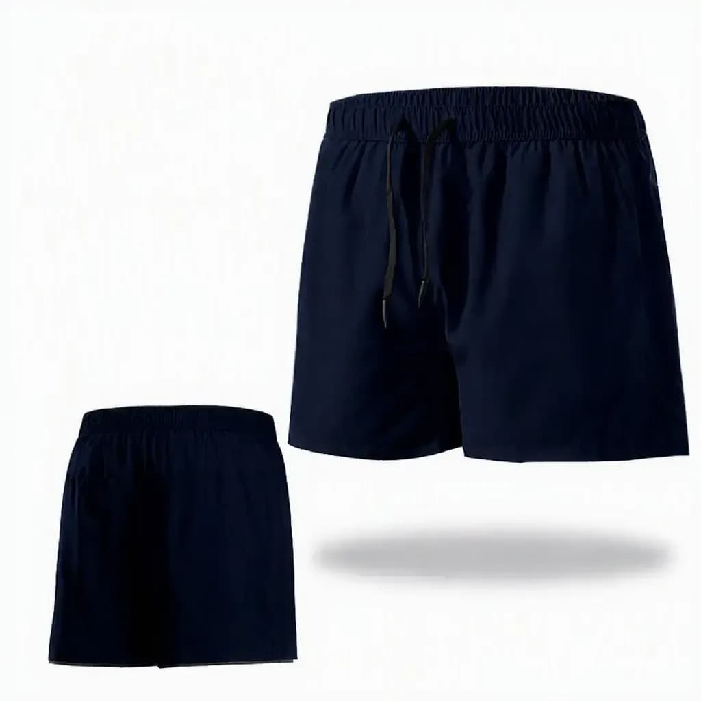 navy quick dry running shorts, front and back view