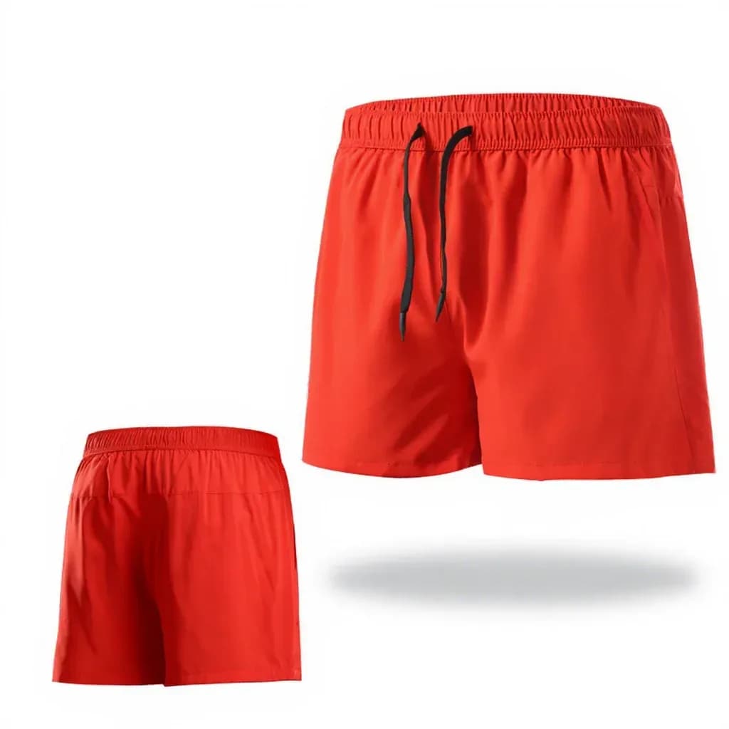 red quick dry running shorts, front and back view