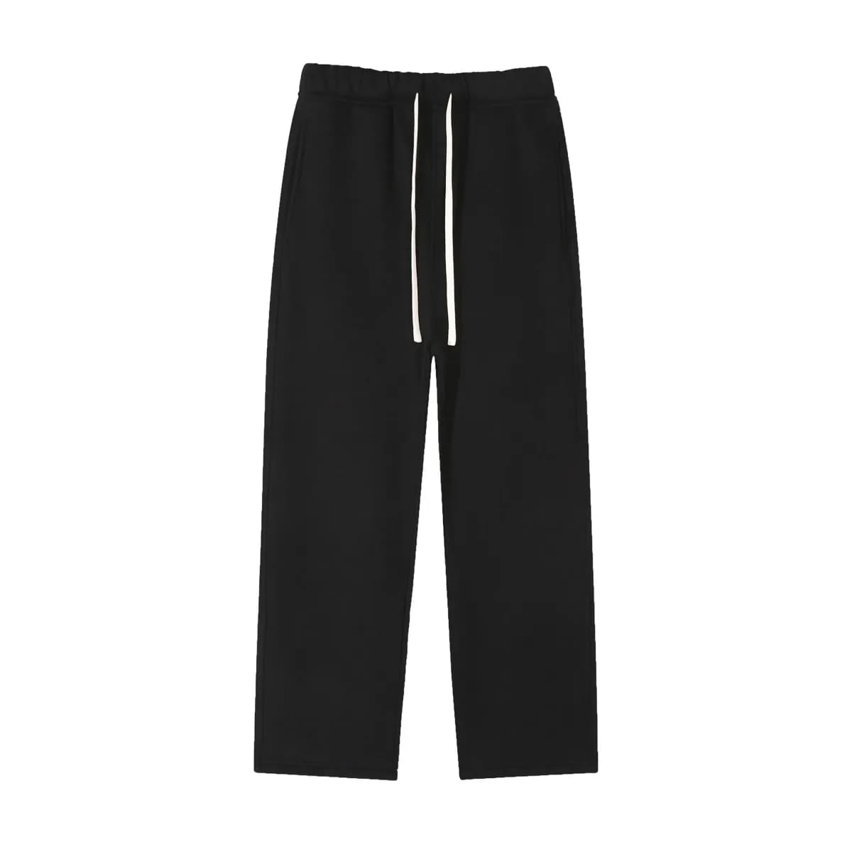 black straight leg fleece sweatpants with drawstring, laid flat