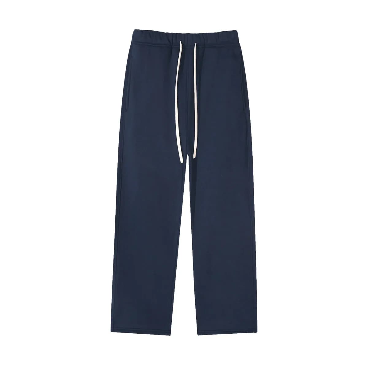 navy straight leg fleece sweatpants, laid flat