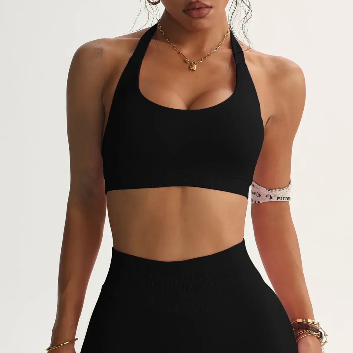 black halter sports bra with removable pads