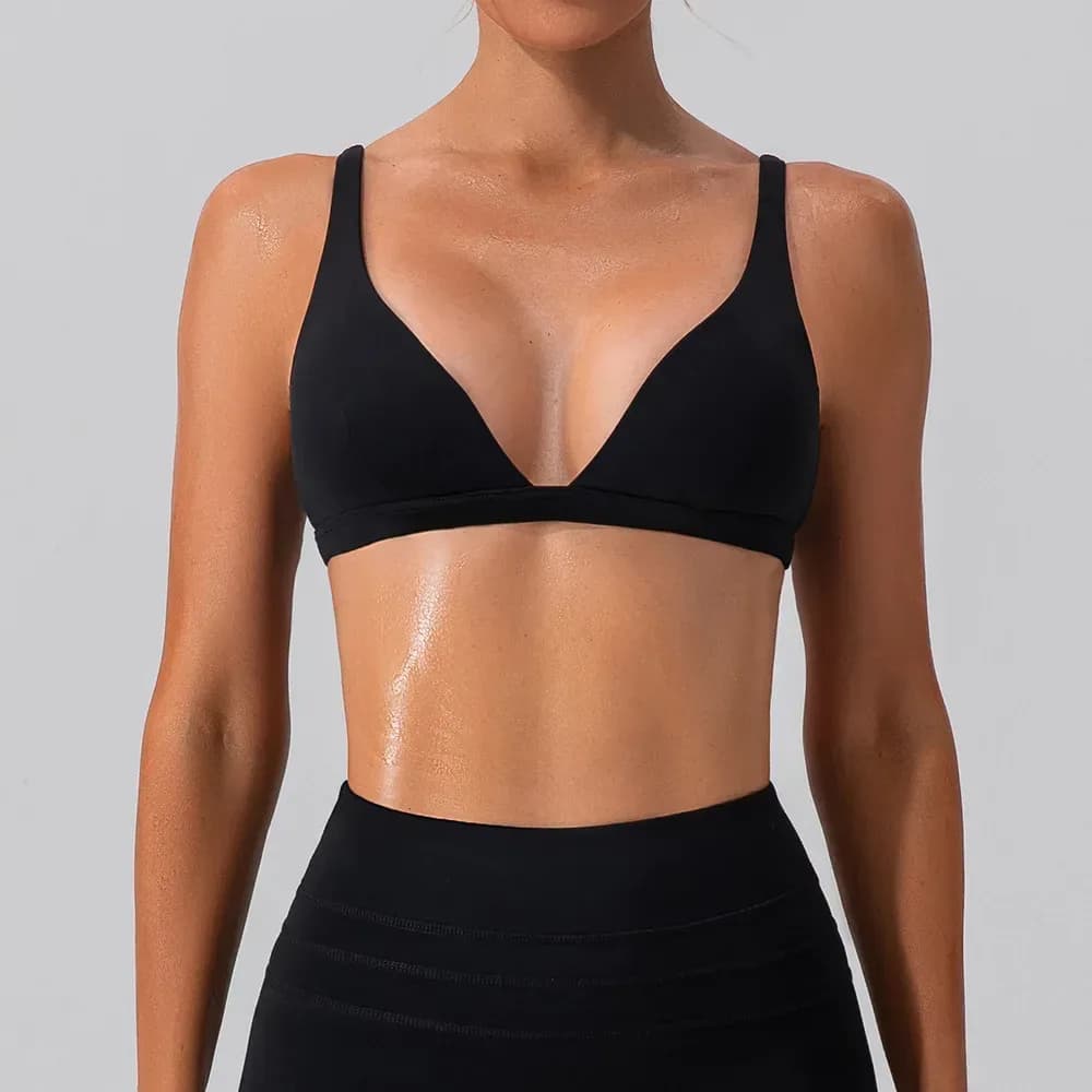 black deep V neck sports bra for yoga
