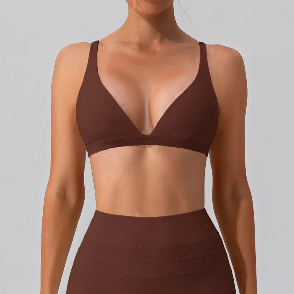 dark brown deep V neck sports bra