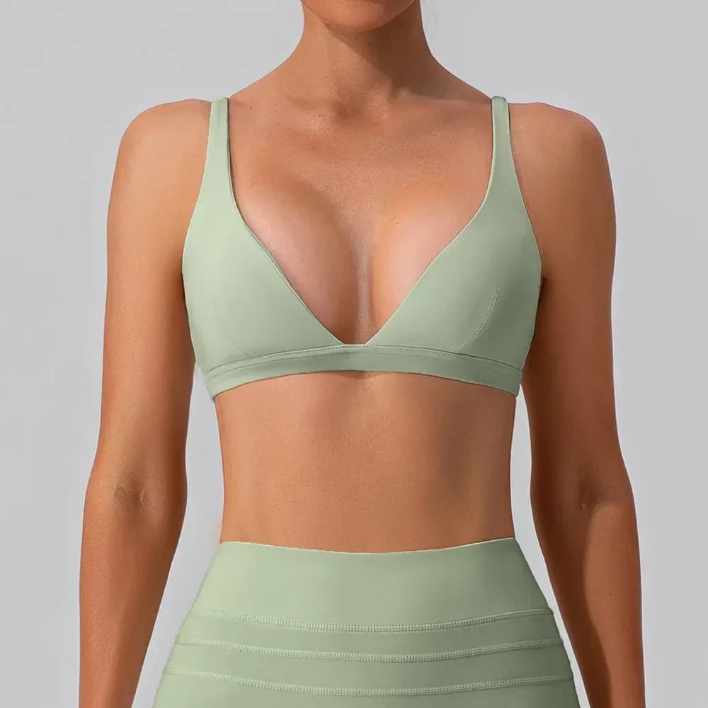 sage green deep V neck sports bra