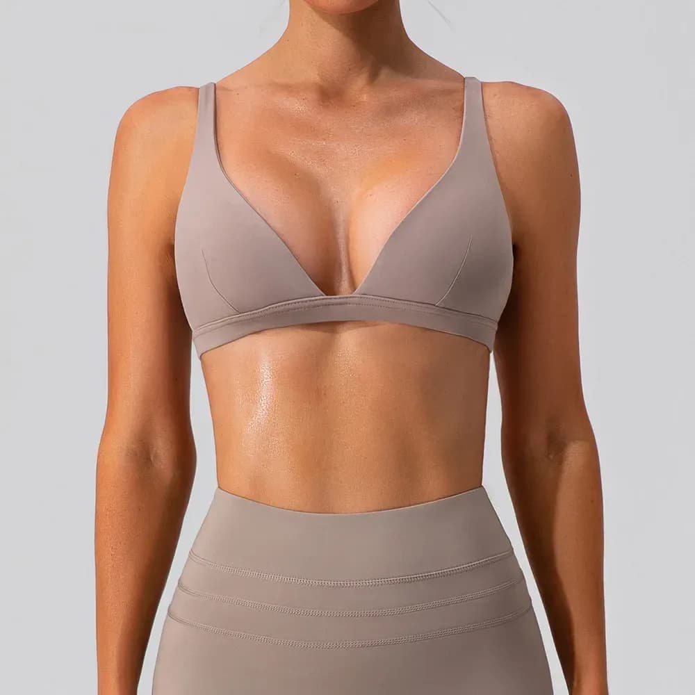 light brown deep V neck sports bra