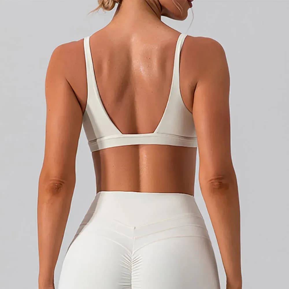 back view of the deep V neck sports bra showing the low scoop back