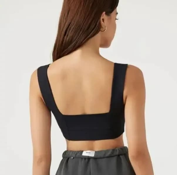 back view of the black square neck sports bra