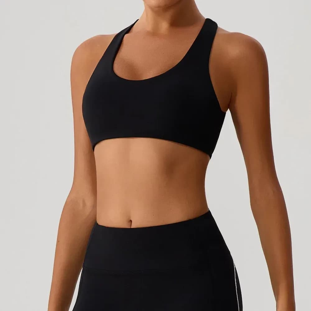 black cross back sports bra with removable pads
