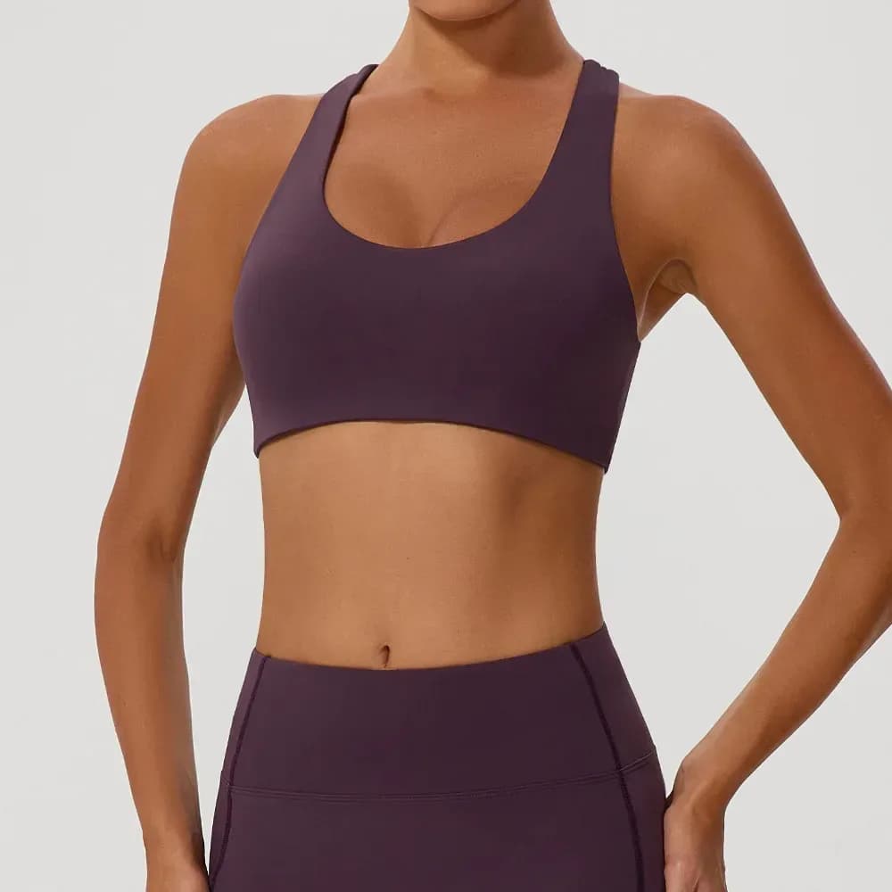 purple cross back sports bra with high support