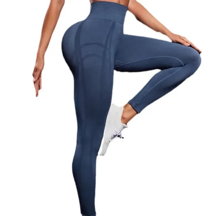 side view of the blue high rise contour leggings, knee raised