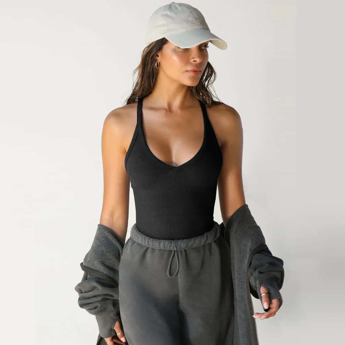 black ribbed V neck workout tank with joggers