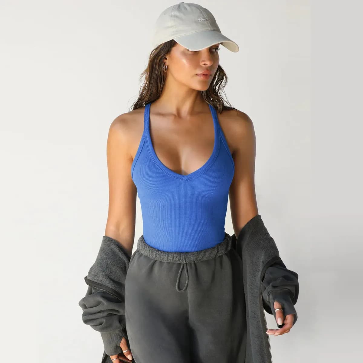 blue ribbed V neck workout tank