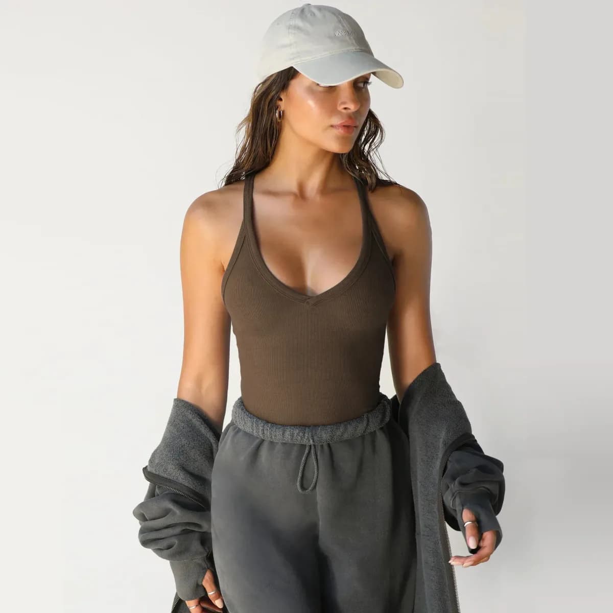 brown ribbed V neck workout tank