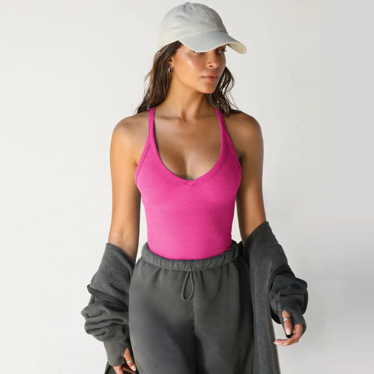 fuchsia ribbed V neck workout tank