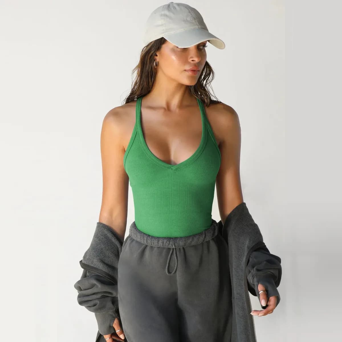 green ribbed V neck workout tank