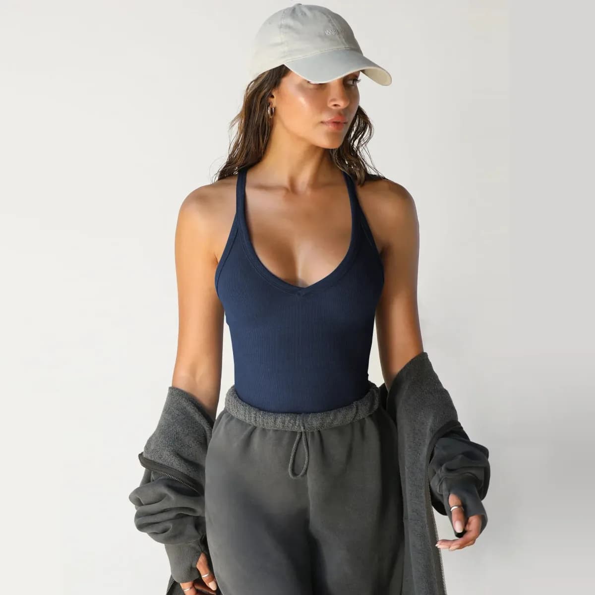 navy ribbed V neck workout tank