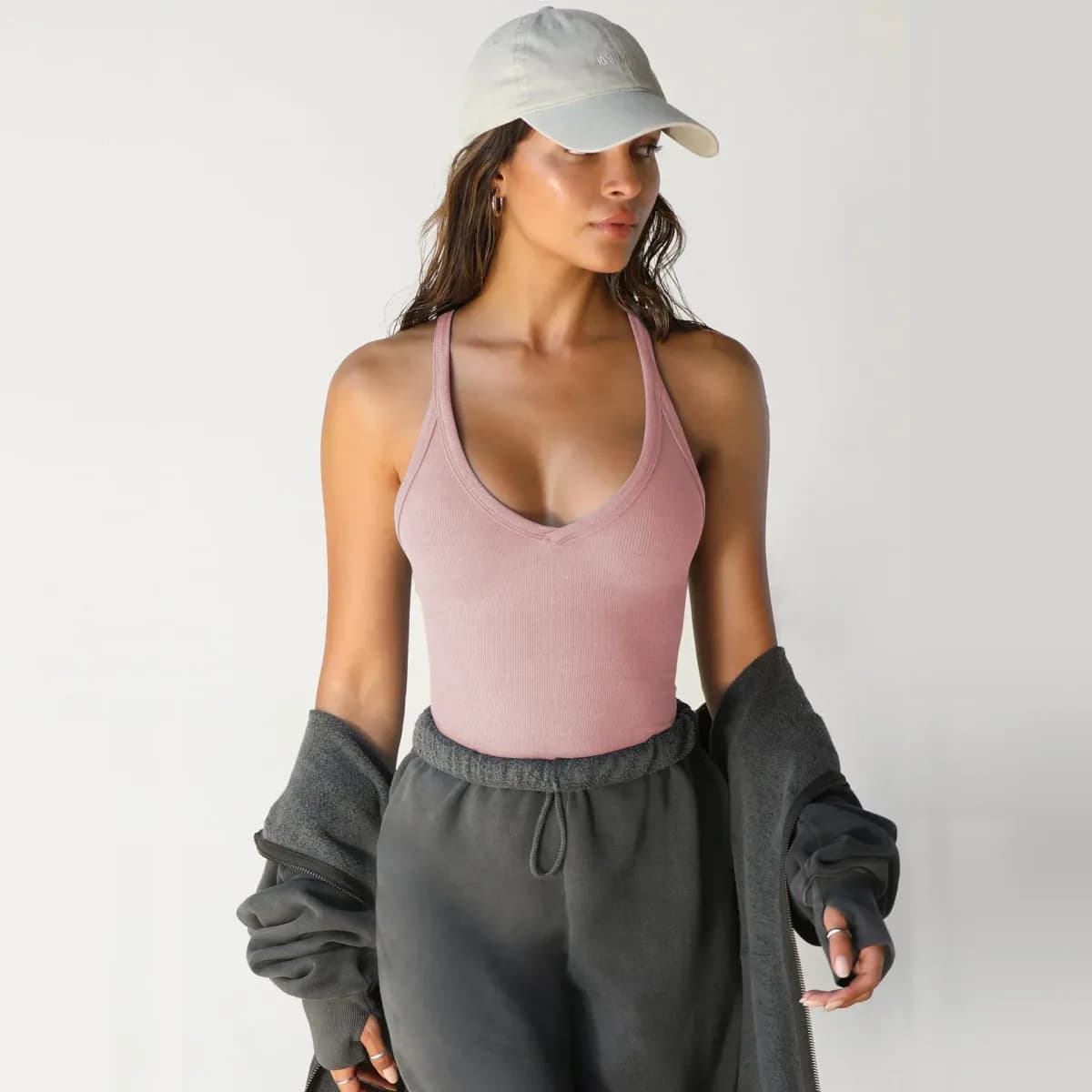 pink ribbed V neck workout tank
