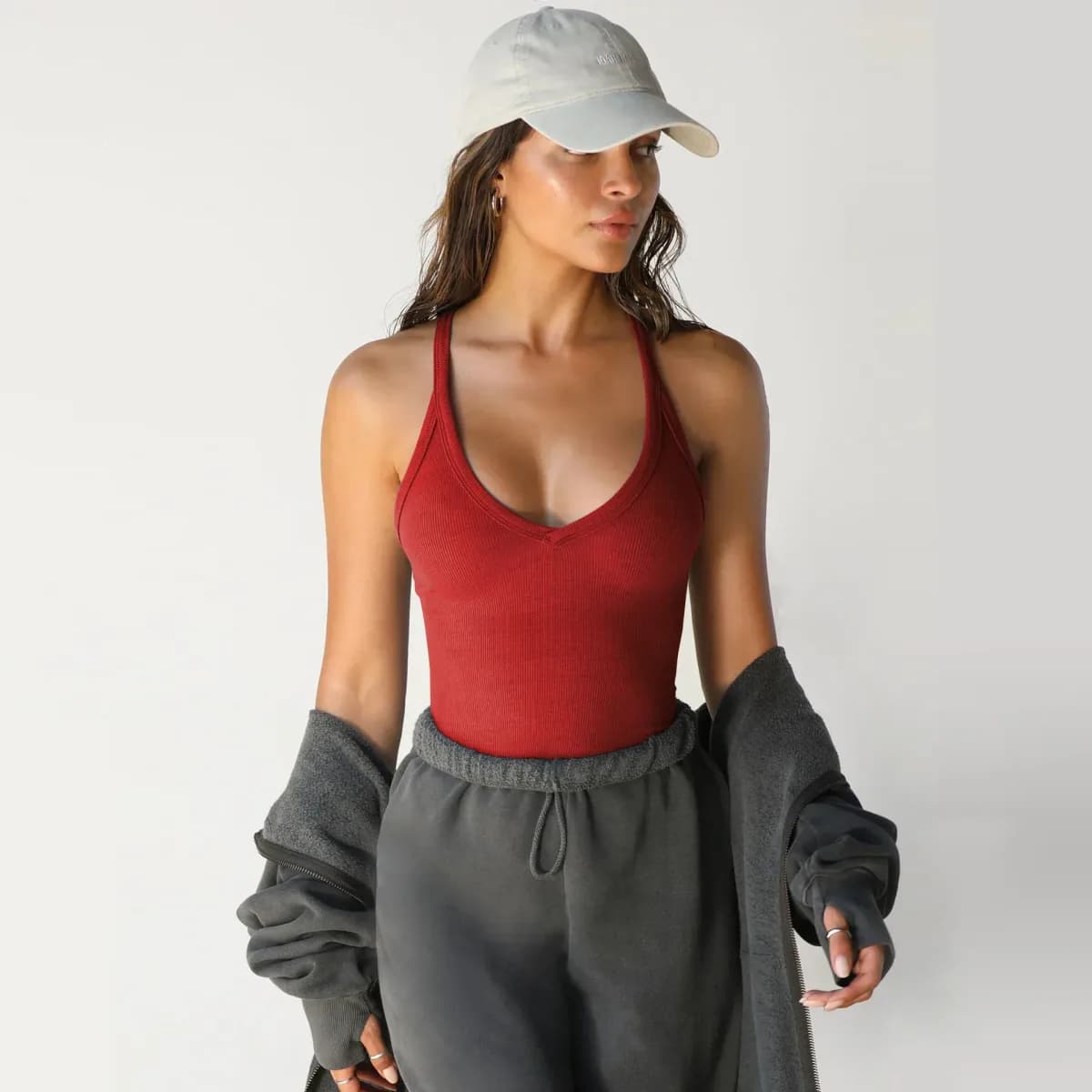 red ribbed V neck workout tank