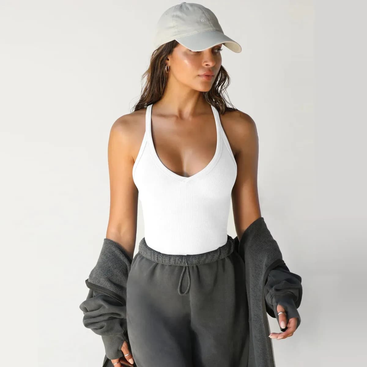 white ribbed V neck workout tank