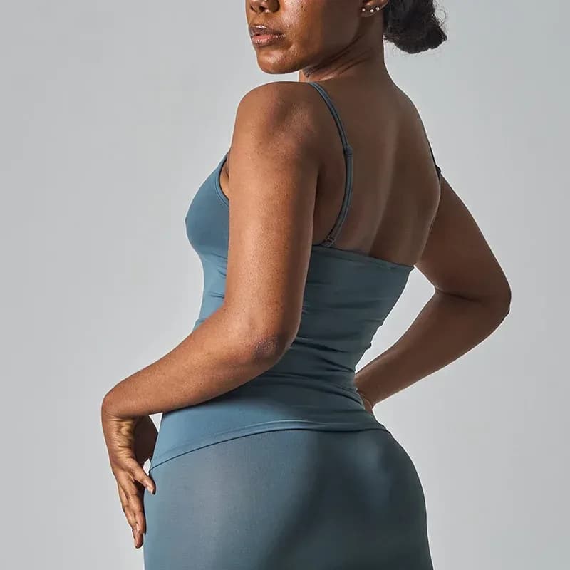 crystal blue seamless workout tank top, back and side view
