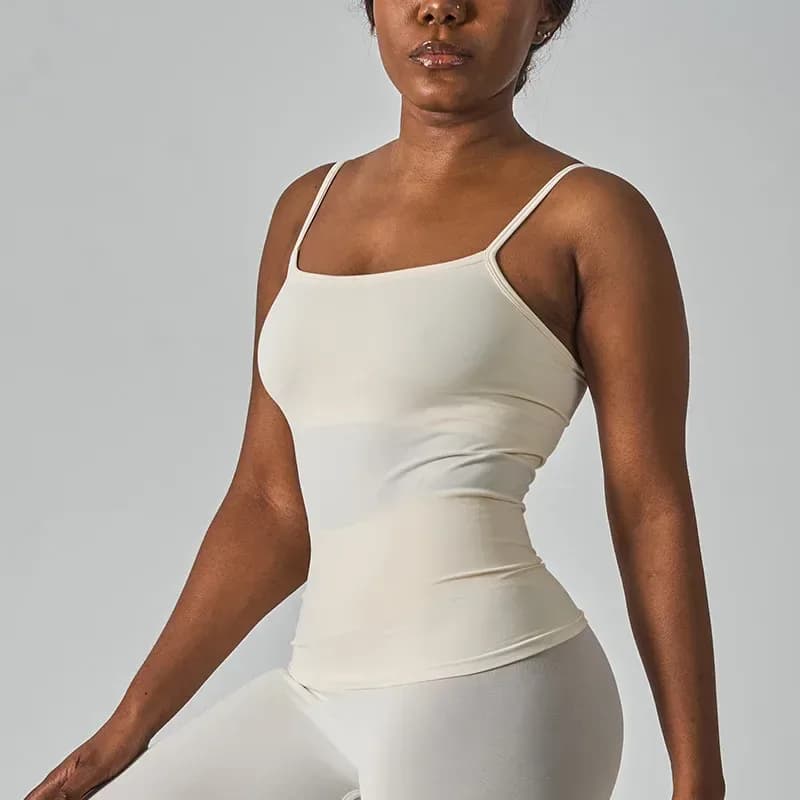 cream seamless workout tank top, three quarter view