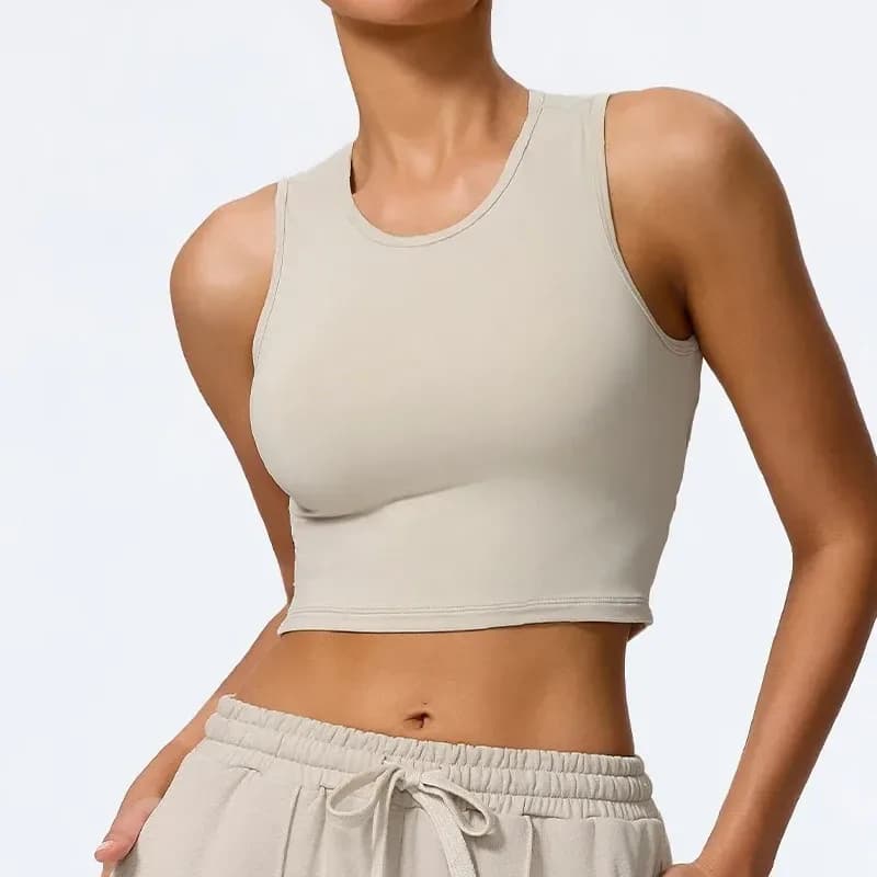 almond open back crop tank top with crew neck
