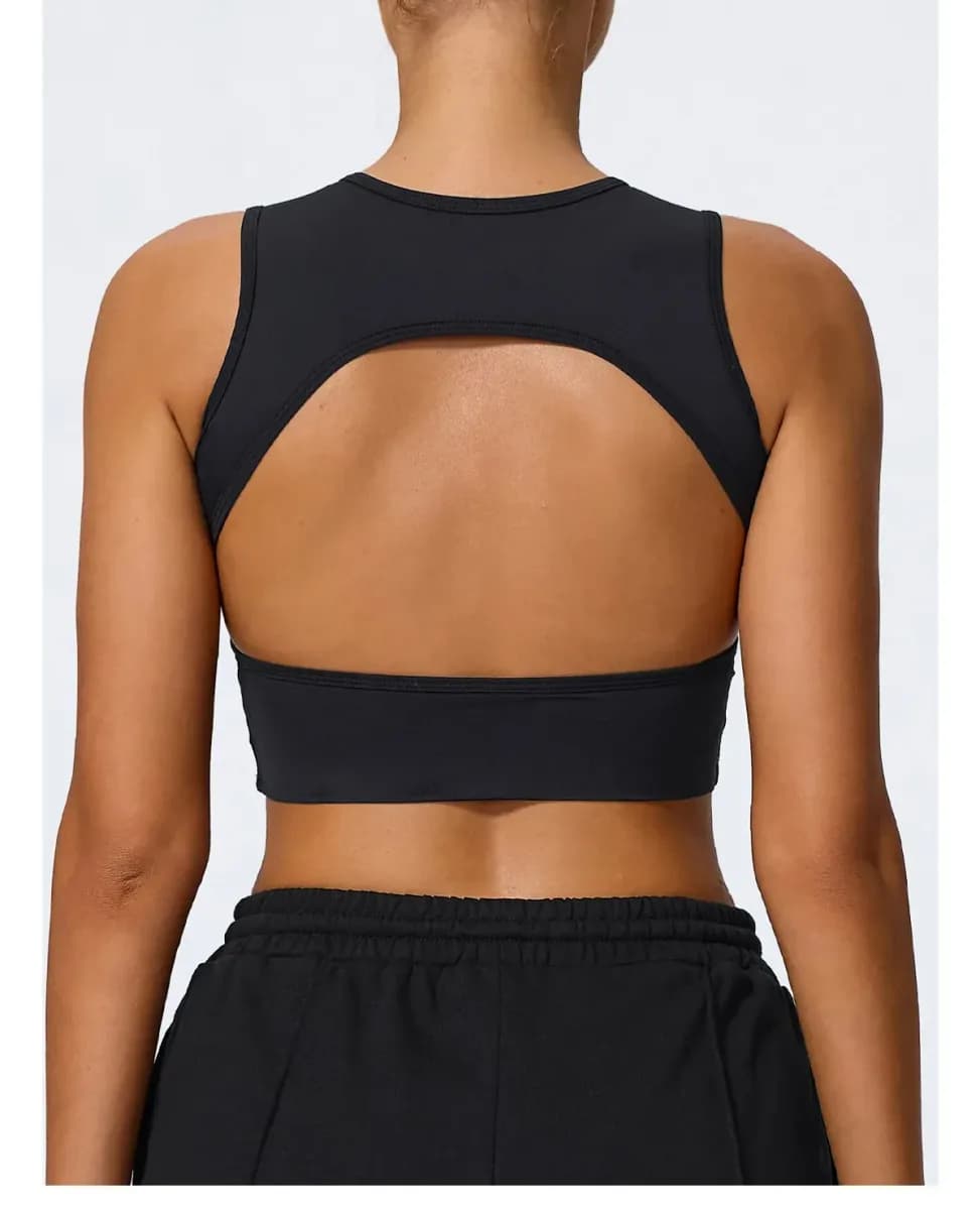 black open back crop tank top, back cutout and band