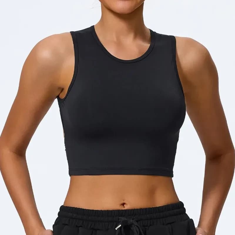 black open back crop tank top with crew neck