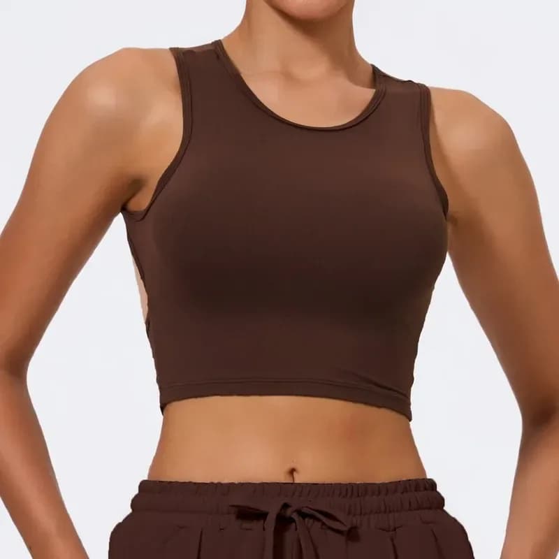 brown open back crop tank top with crew neck