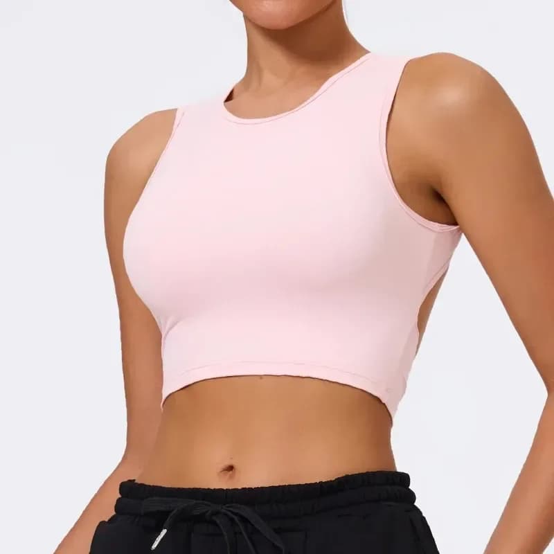 pink open back crop tank top with crew neck