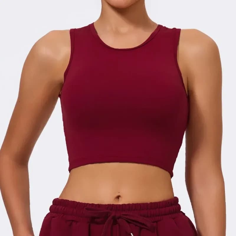 red open back crop tank top with crew neck