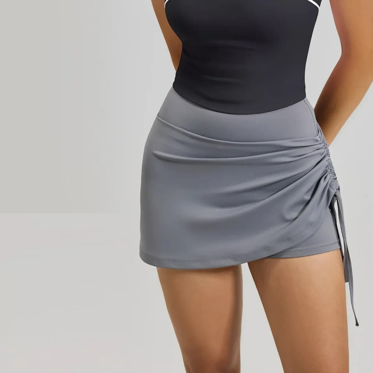 grey ruched high waisted skort with built in shorts