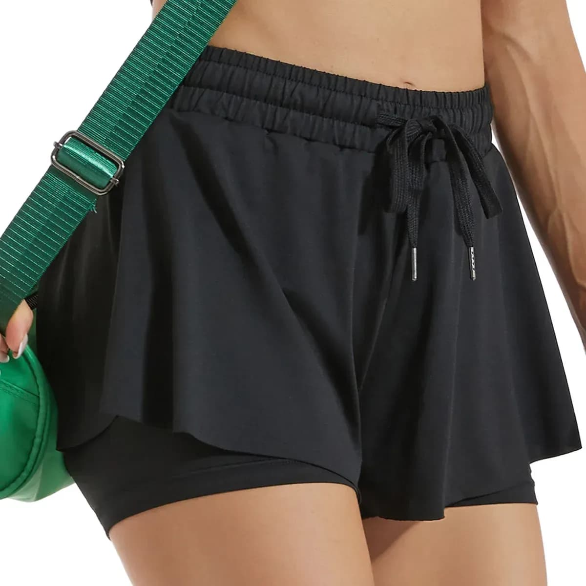 black flowy 2 in 1 running shorts with liner