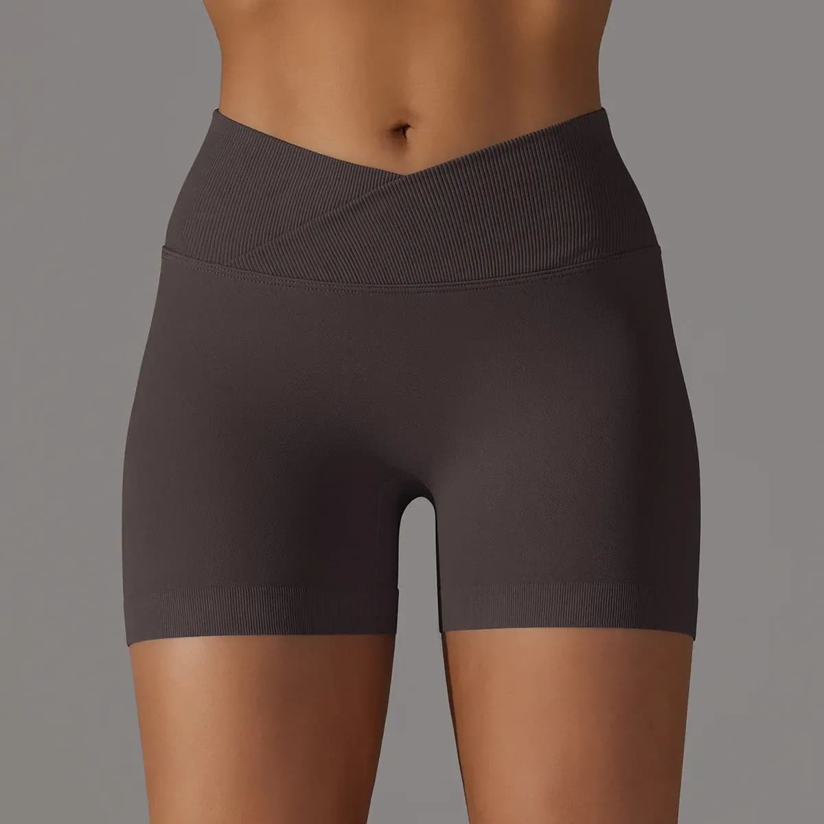 brown seamless scrunch butt gym shorts with v waistband