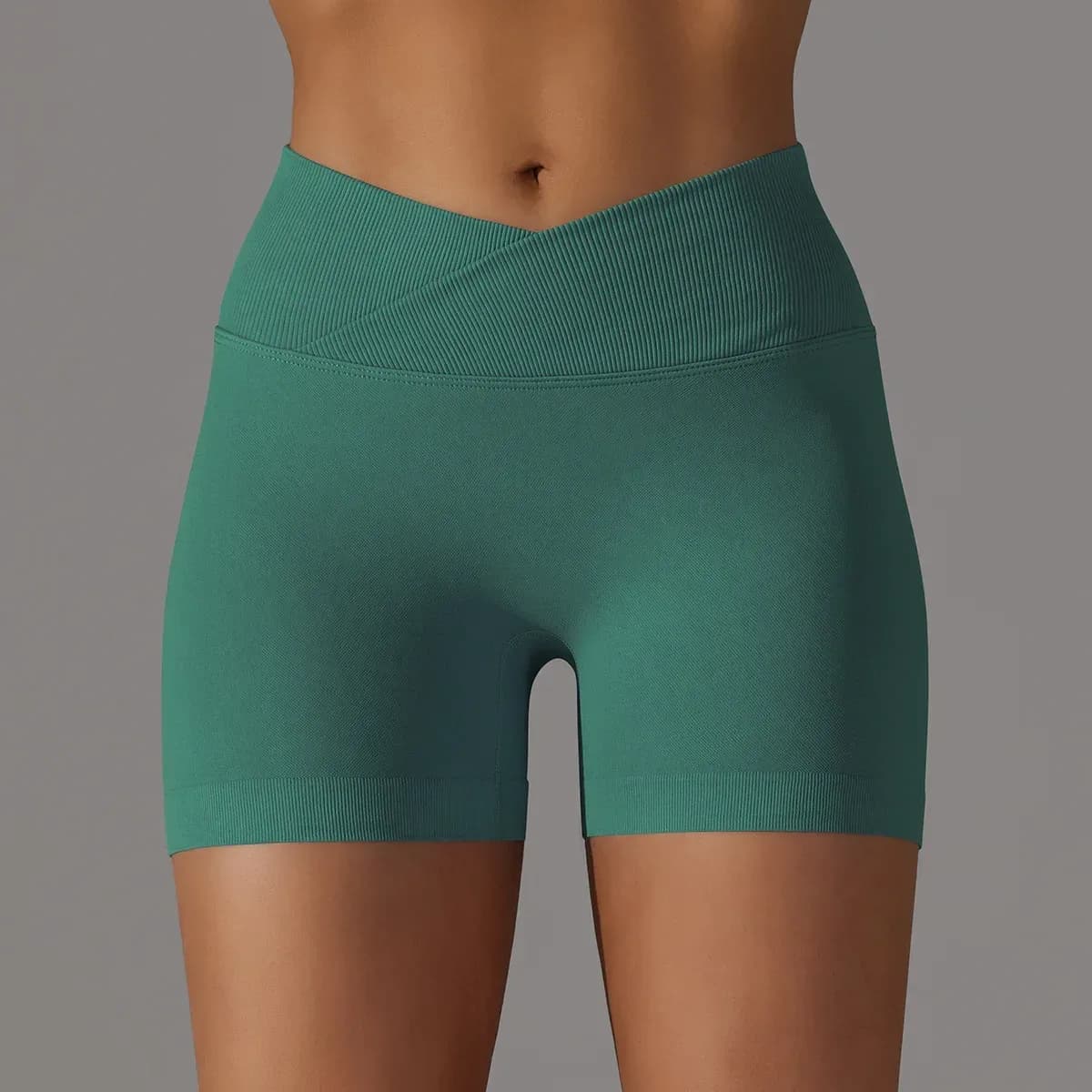 green seamless scrunch butt gym shorts with v waistband