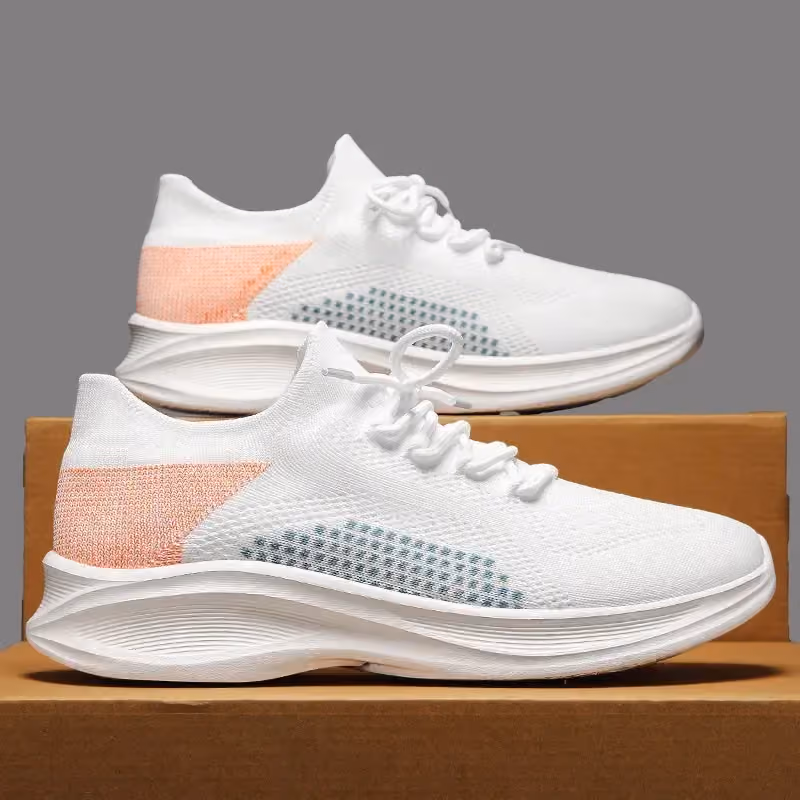 white lightweight knit running shoes