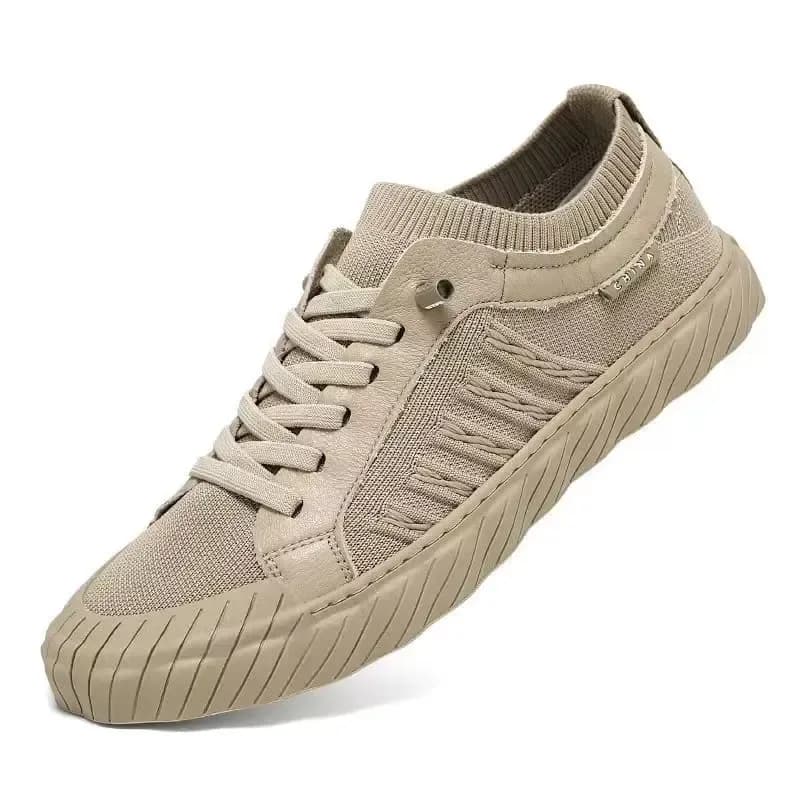 beige men's lightweight mesh sneaker with knit sock collar, side view