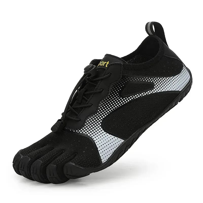 black print barefoot toe shoe, side view