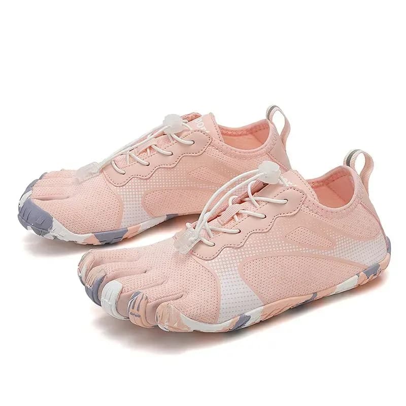 pair of pink print barefoot toe shoes with toggle laces